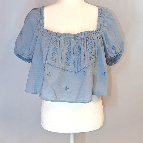 Zara | Cotton Cropped Short Puff Sleeve Light Blue Eyelet Top | Medium - Picture 2 of 12